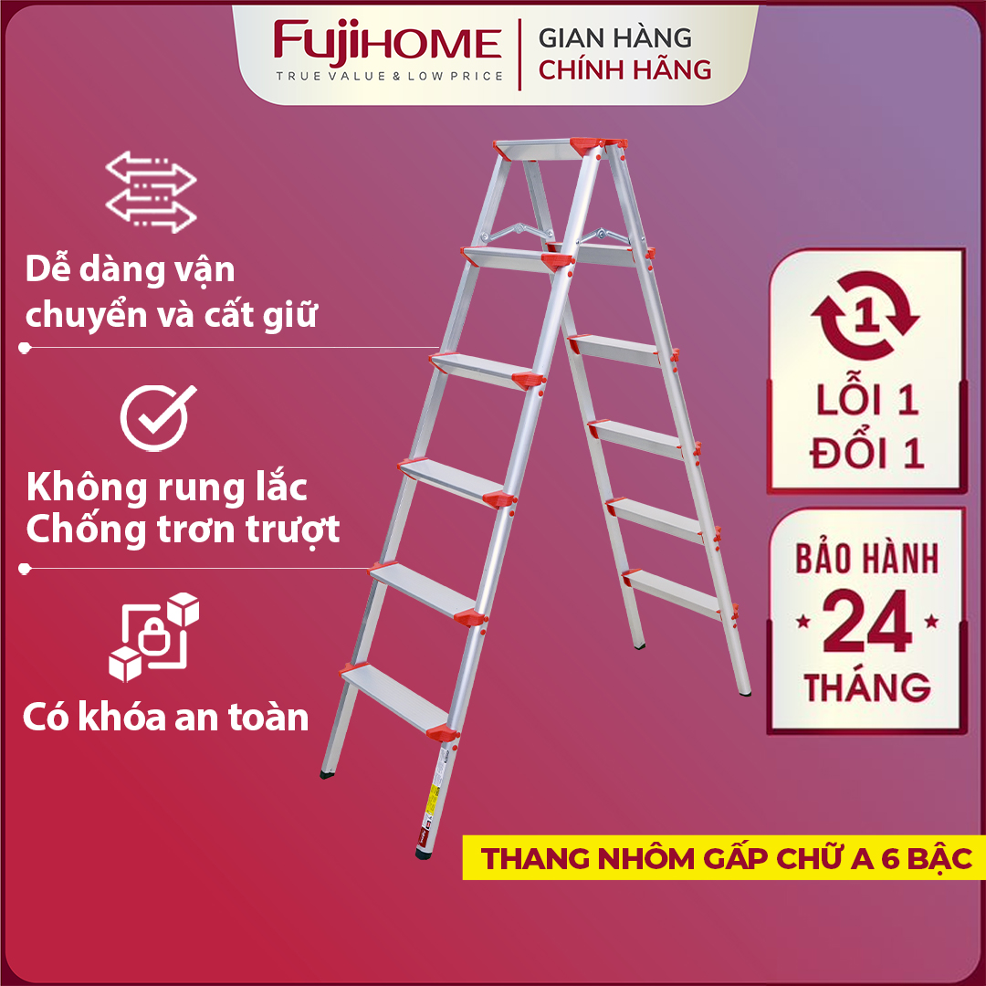 Thang ghế nhôm 3 - 6 bậc chữ A Nhập Khẩu xếp gọn FUJIHOME, Thang chữ A gia đình đa năng gấp gọn step