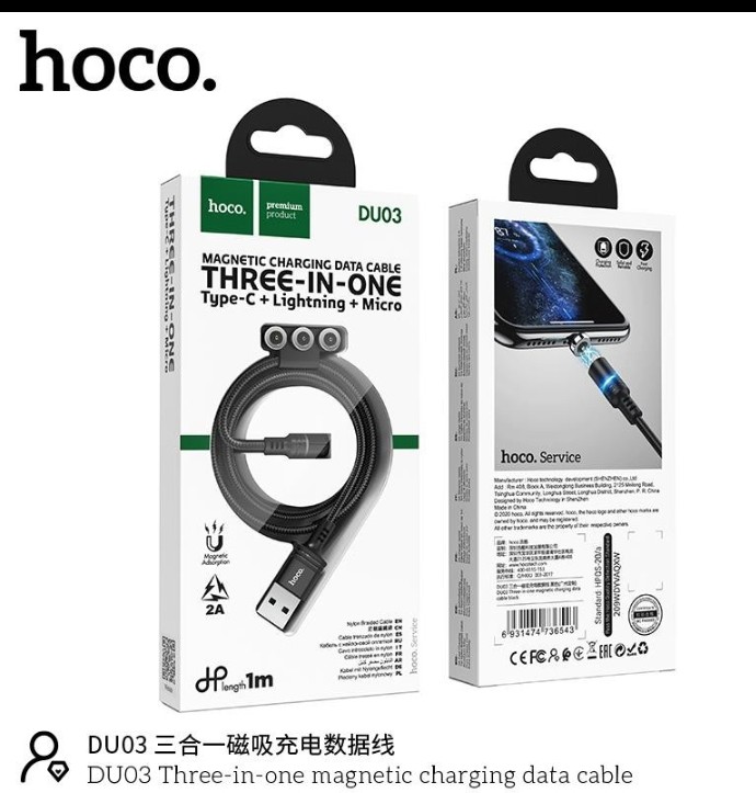 Cáp sạc nam châm 2a hoco du03 thay đổi 3 đầu lightning/type-c/micro