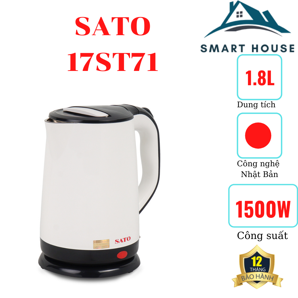 Âm Bình đun nước siêu tốc,  Ấm siêu tốc Inox SATO 17ST71, Công nghệ Nhật Bản – Sản xuất tại Việt Nam. Cam kết hàng chính hãng. Bảo hành 12 tháng. 1 đổi 1 trong 7 ngày.