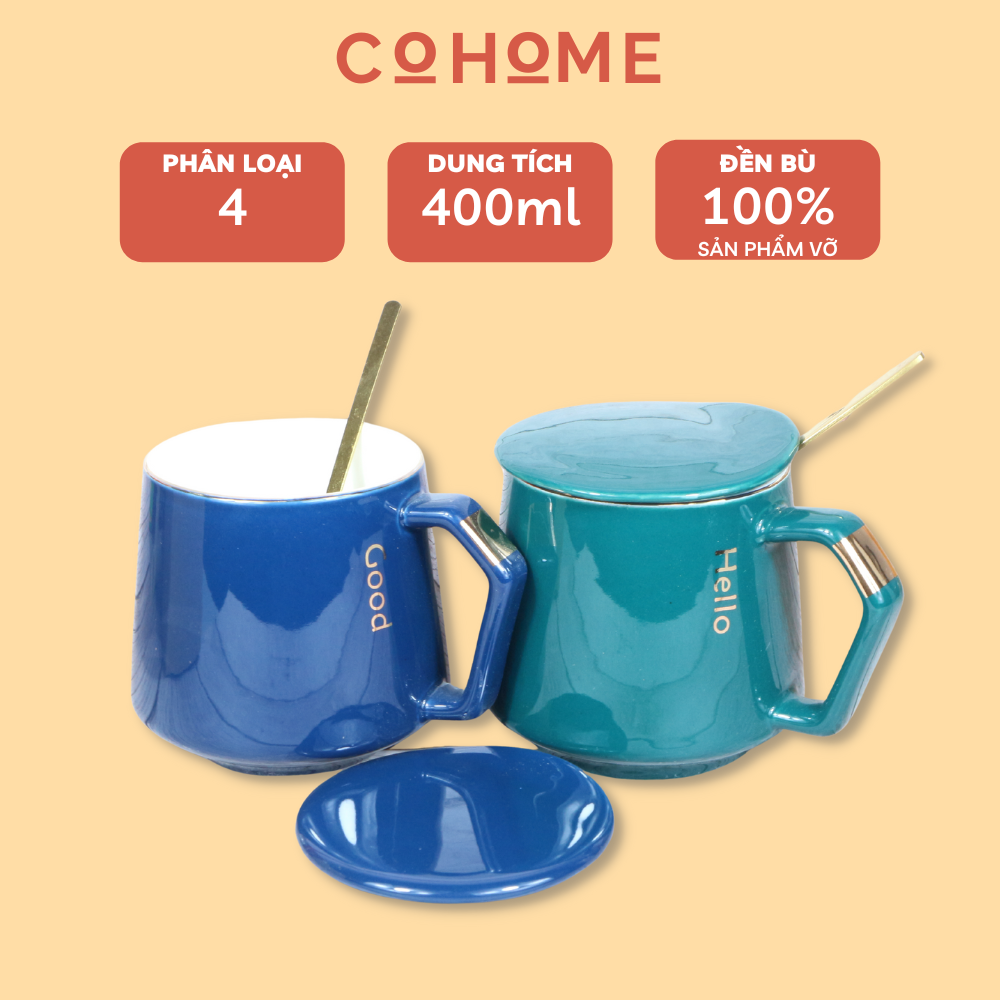 Cốc sứ uống nước, cafe cao cấp 400ml có nắp đậy, ly sứ văn phòng kèm thìa vàng