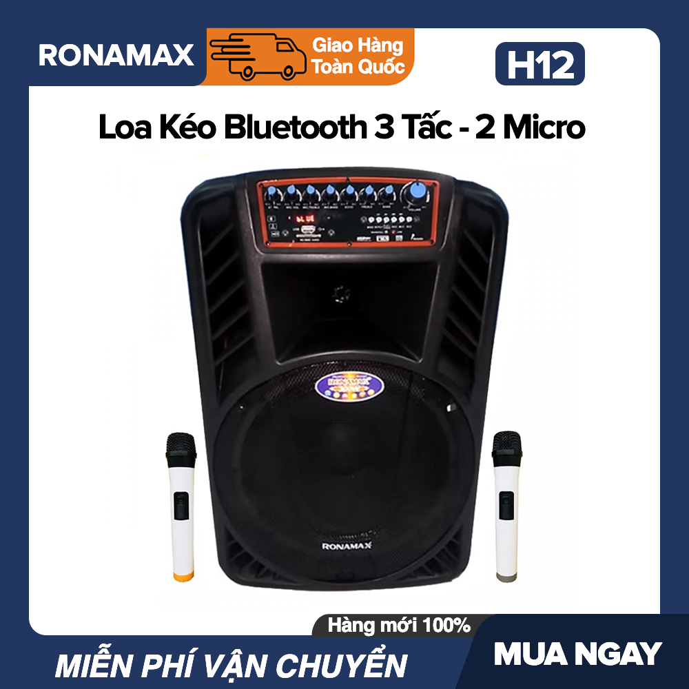 Loa Kéo Karaoke Di Động Bluetooth Ronamax H12 (300W) - 3 Tấc , 2 Mic Đi Kèm, Vỏ Nhựa ABS - Bảo Hành 6 Tháng