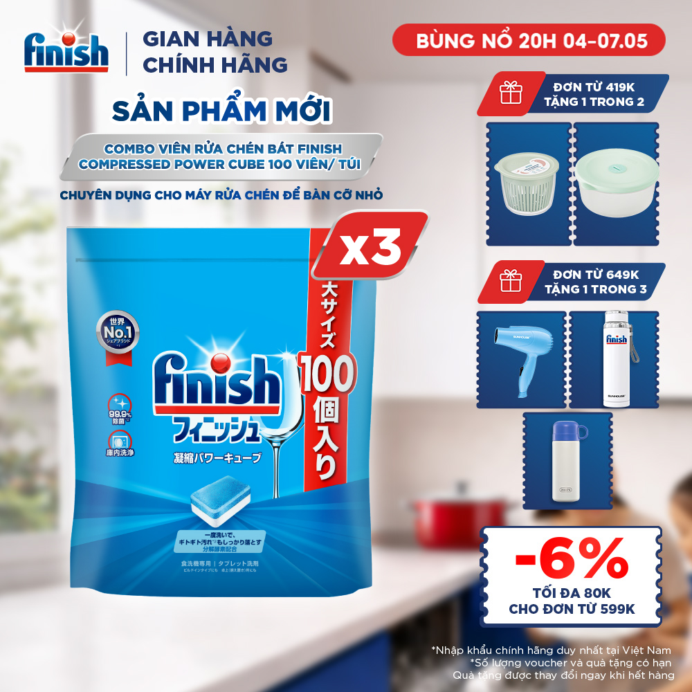 Combo 3 Viên Rửa Chén Finish Nhật Bản Power Cube 100 Viên