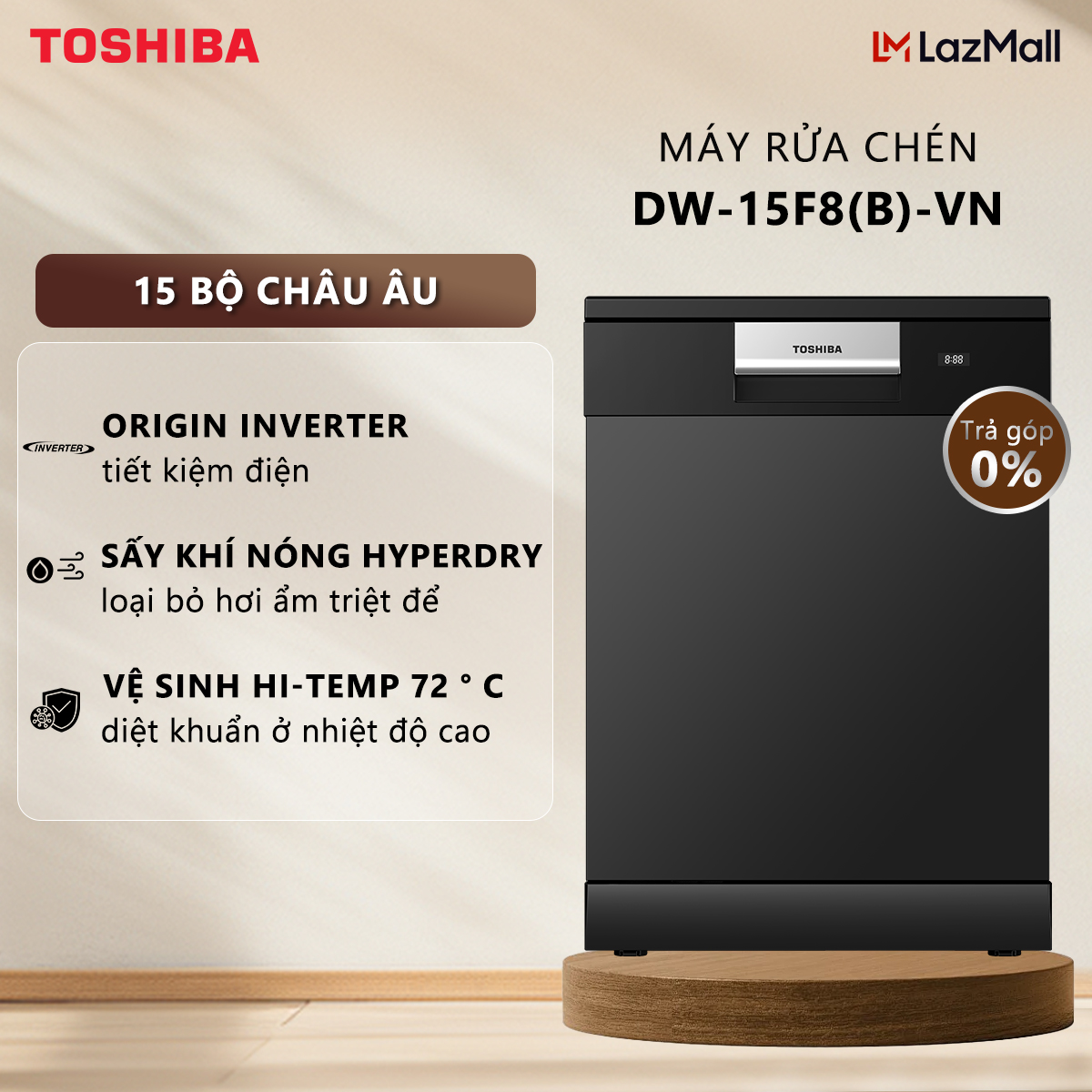 Máy rửa chén Toshiba Inverter DW-15F8(B)-VN - Công Nghệ Sấy Khí Nóng - Rửa Xoáy Kép