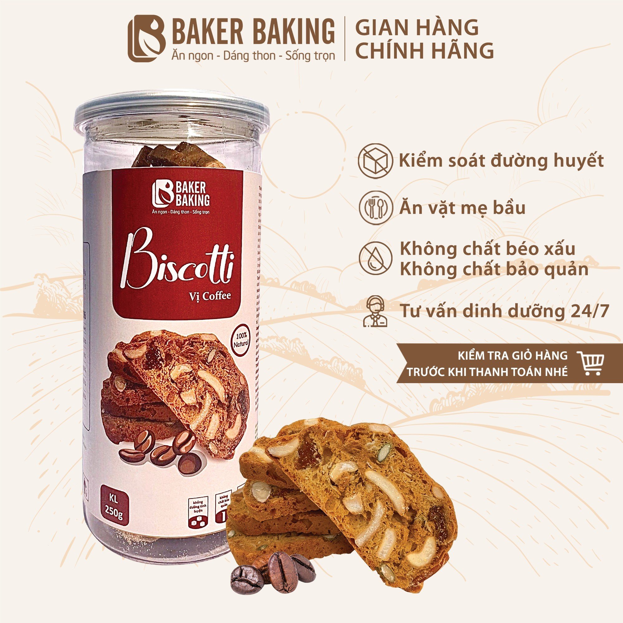 Biscotti vị cafe Baker Baking ăn vặt healthy giảm cân 100-250g