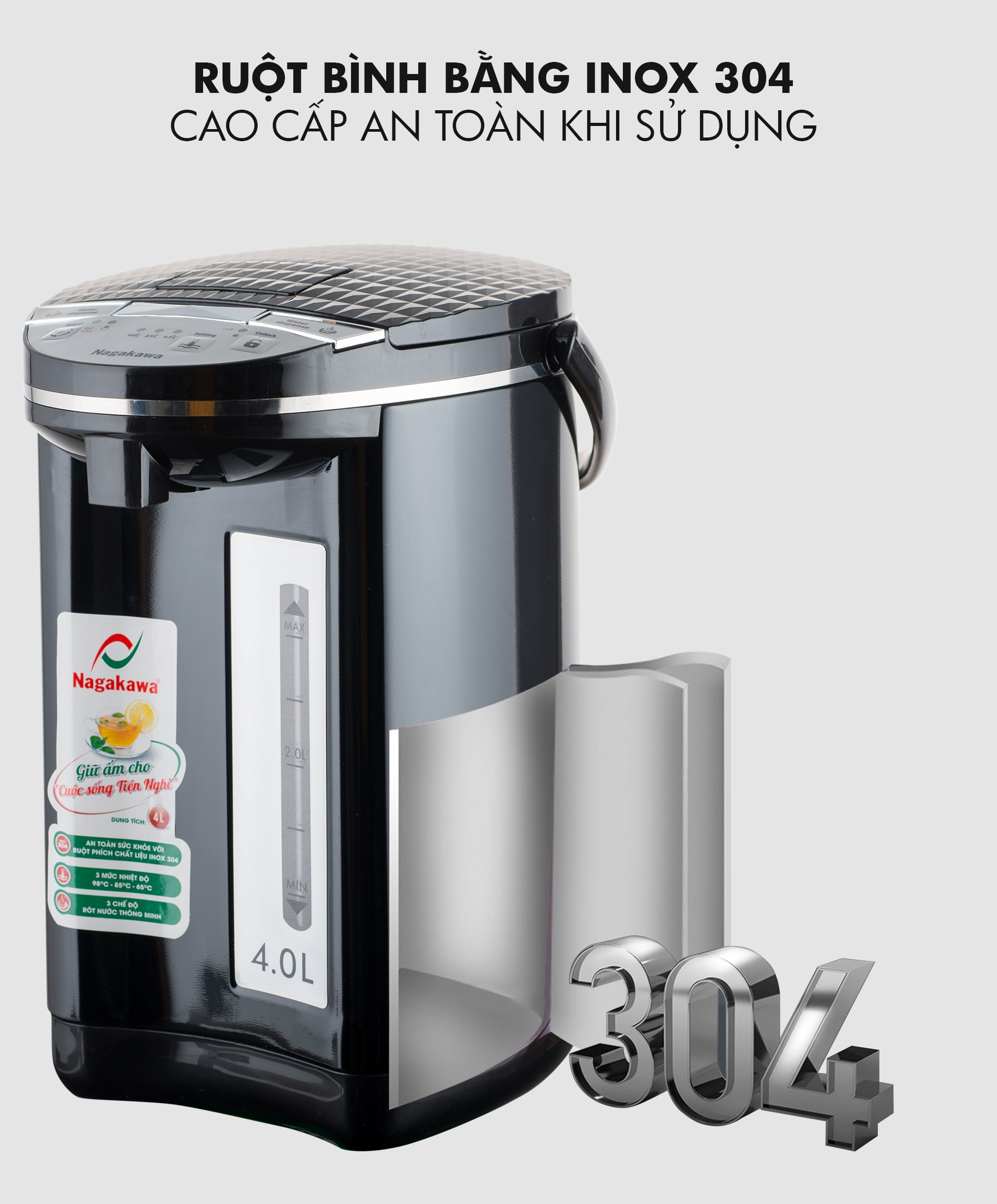 Bình thủy điện 4l công suất 750w tự động giữ ấm nagakawa nag0404