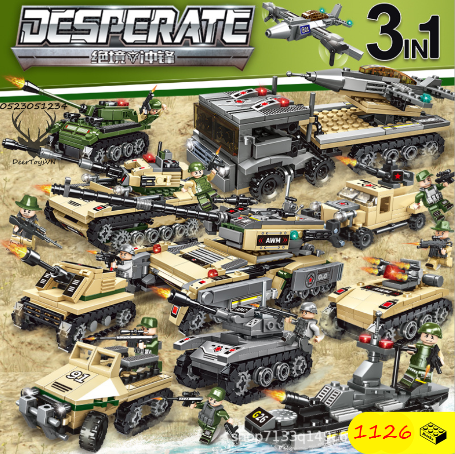 [Hoàn tiền 10%][1126 CHI TIẾT] BỘ ĐỒ CHƠI XẾP HÌNH LẮP GHÉP XE TĂNG, XE PHÁO, XE Quân Đội – 27 Tạo Hình