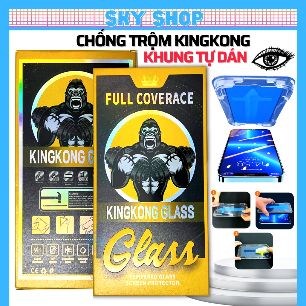 Cường lực KingKong chống nhìn trộm có khung tự dán cho iphone 11 pro max 12 pro max 13 pro max 14 pro max 15 pro max x xr xs max 7 8 plus