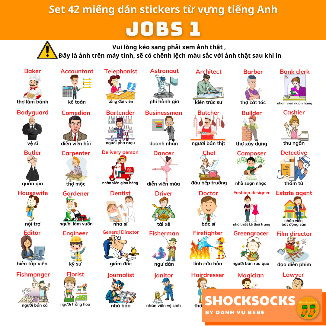 🔥 SET 42 HÌNH DÁN STICKER TỪ VỰNG TIẾNG ANH - CHỦ ĐỀ NGHỀ NGHIỆP ( OANH VŨ BEBE - OANHVUBEBE) 🔥