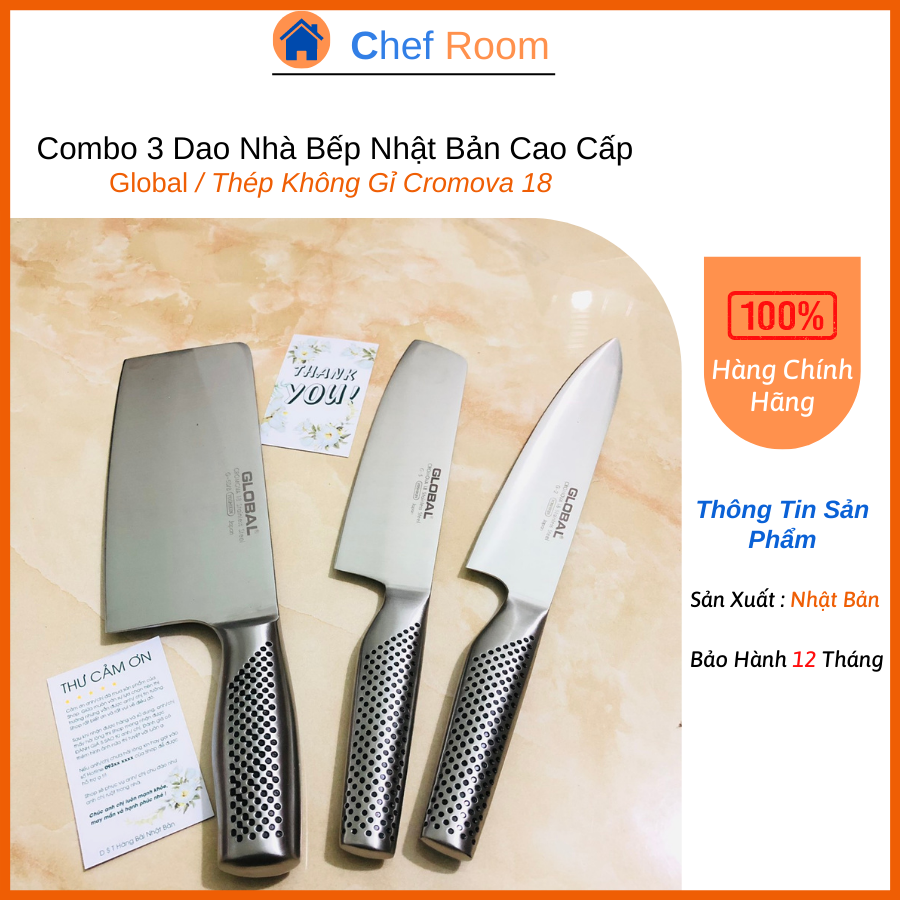 Bộ dao 3 món nhà bếp nhật bản Global dao chặt dao thái dao lọc thiết kế thép nguyên khối không gỉ cromova 18 dao chuyên dụng của đầu bếp nhật