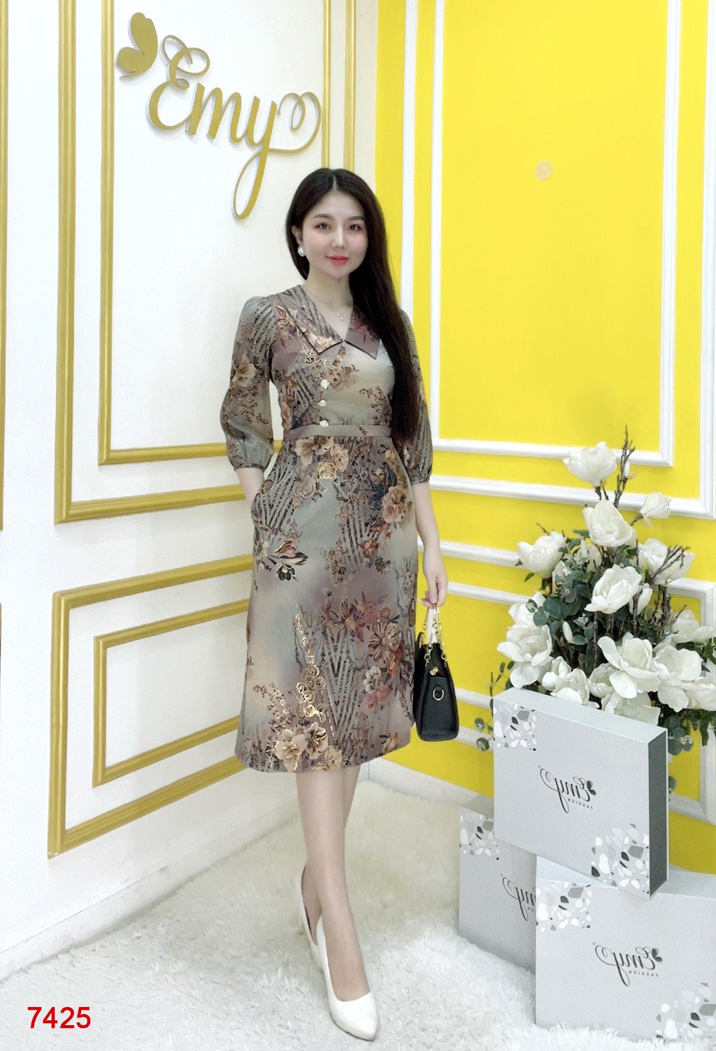 Đầm emy em7425 xoè lụa vân pháp lvp nâu
