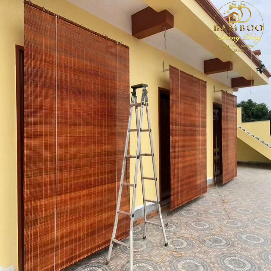 Mành Sáo Tre Che Mưa Nắng Ngang 1,5m Cao 2m & 1,6m x 3m Mành Che Nắng Rèm Treo Ban Công Cửa Chính Ngoài Trời Mái Hiên Màu Cánh Dán Có Ròng Rọc Dây Kéo