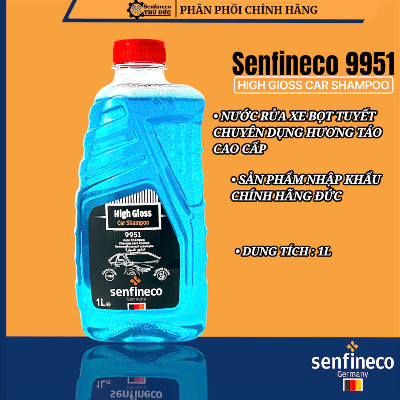 Dung Dịch Nước Rửa Xe Ô TÔ > Xe Máy Bọt Tuyết Hương Táo Tỉ Lệ 1:200- Senfineco 9951 High Gloss Shampoo Chai 1L