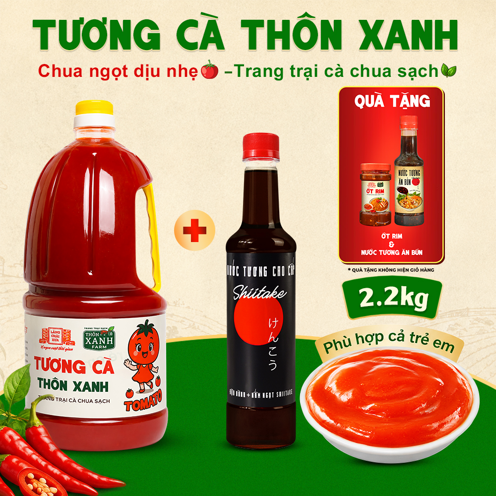 [Tặng Ớt Rim và Nước tương ăn bún] Combo Nước tương Shiitake 525ml và Tương cà 2.2Kg Làng Chài Xưa