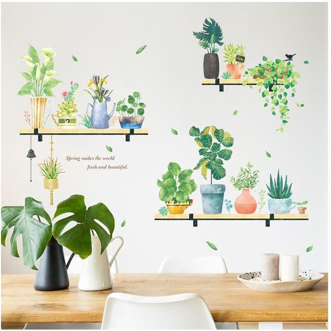 DECAL DÁN TƯỜNG PHONG CÁCH HÀN QUỐC NHIỆT ĐỚI kệ chậu cây hoa lá - Tranh Dán tường Lá Cây phong cách Vintage Decor Tường Hàn Quốc KỆ CHẬU HOA