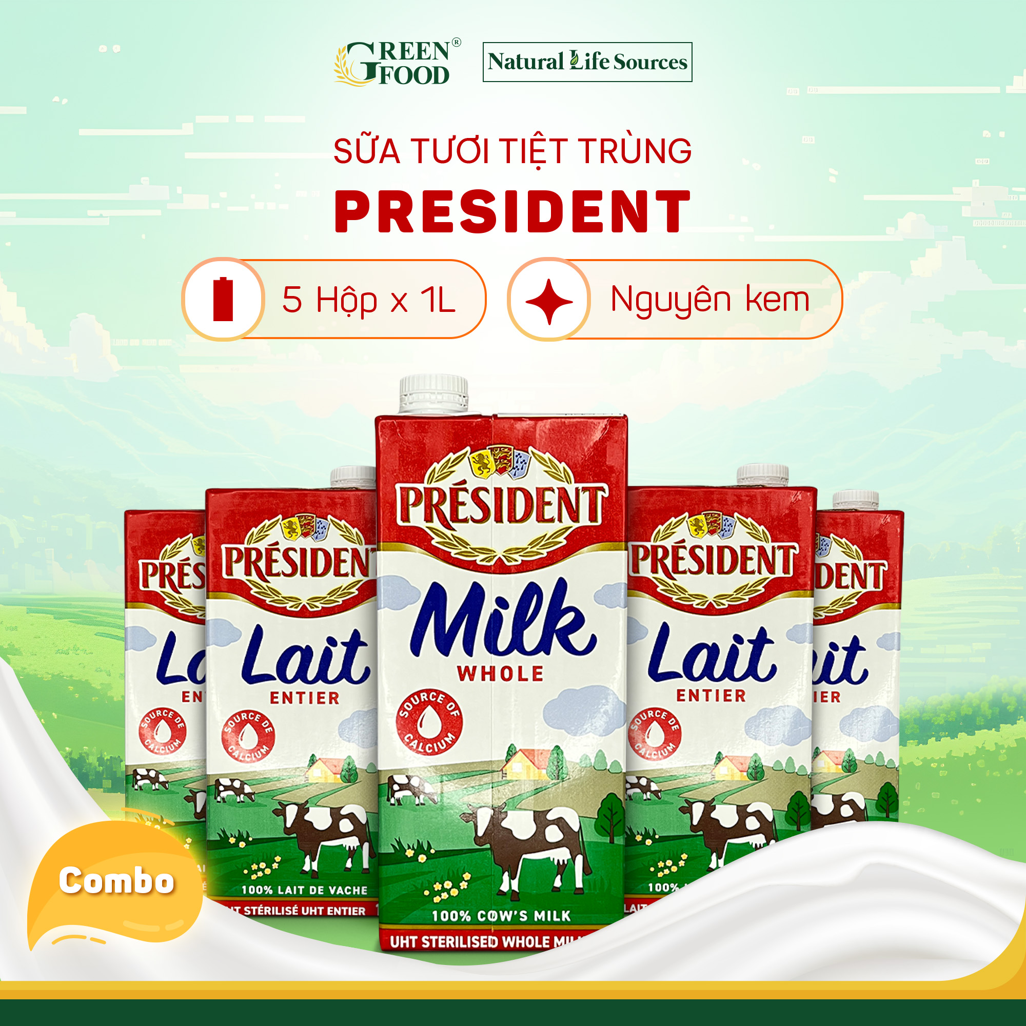 Combo 5 hộp sữa tươi không đường president whole milk nguyên kem tiệt trùng 1l - độ béo cao 3.6%, nhập khẩu chính hãng từ châu âu