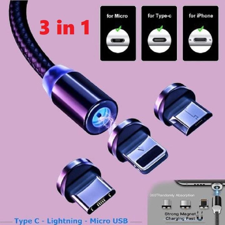 (HÀNG LOẠI TỐT) CÁP SẠC NAM CHÂM SẠC NHANH ---- 1 DÂY 3 ĐẦU SẠC MICRO USB CHO SAMSUNG ANDROID CAO CẤP, CÓ ĐÈN LED, CHỐNG XOẮN, GÃY GẬP, TIỆN LỢI THÔNG MINH