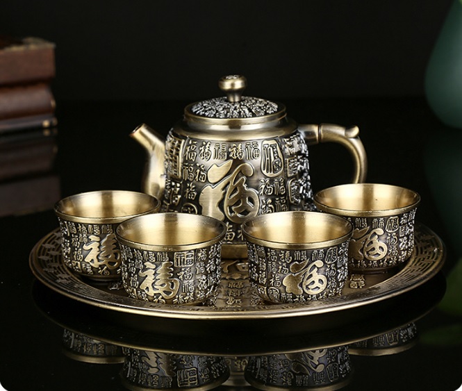 Bộ ấm chén uống trà cao cấp bằng đồng độc đáo tinh xảo vip chữ Hán