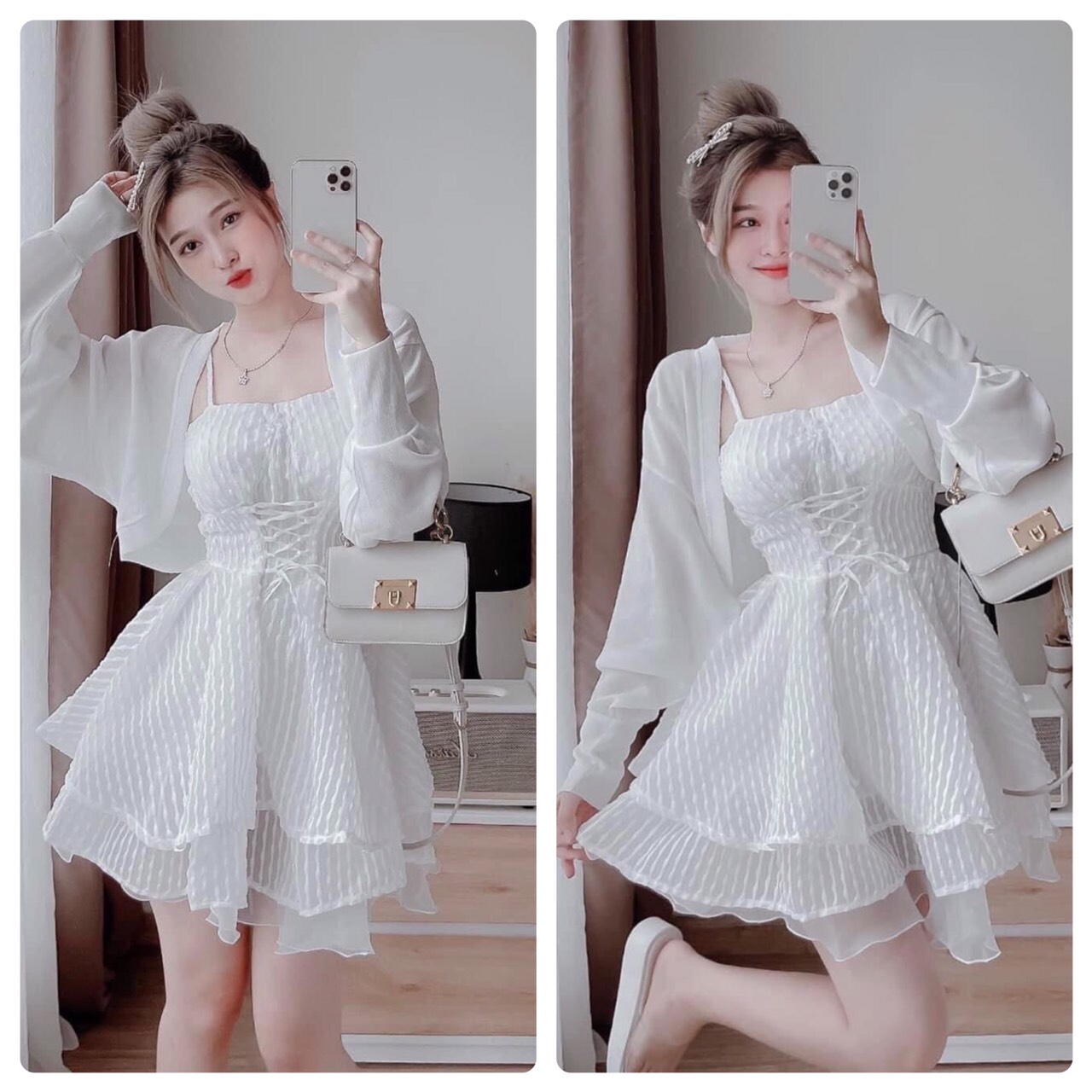 Set đầm nữ 2 dây kèm áo khoác, đầm nữ dáng xòe sang trọng dự tiệc