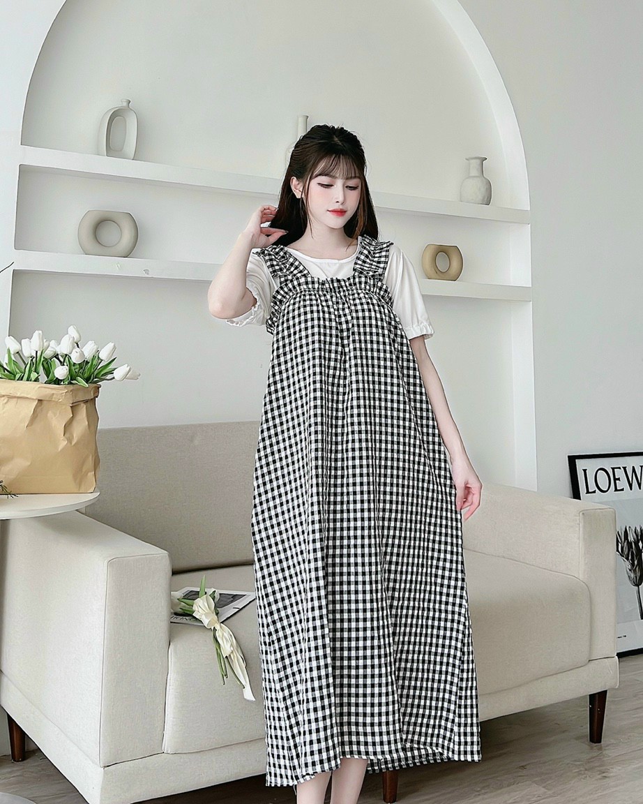 Váy bầu xinh mùa hè- Đầm bầu thiết kế dáng suông đuôi cá chất lụa mát