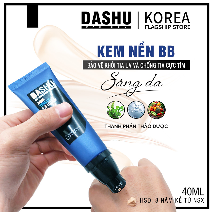 Kem nền Hàn Quốc Dashu Mans Tone up BB lotion Cream 40ml che phủ khuyết điểm trên da mặt Nam Giới, lên màu tự nhiên, 70 loại khoáng chất từ nước biển sâu dưỡng ẩm cho da khô, 17 loại thực vật, tảo biển bảo vệ da, tốt cho da dầu, da mụn.