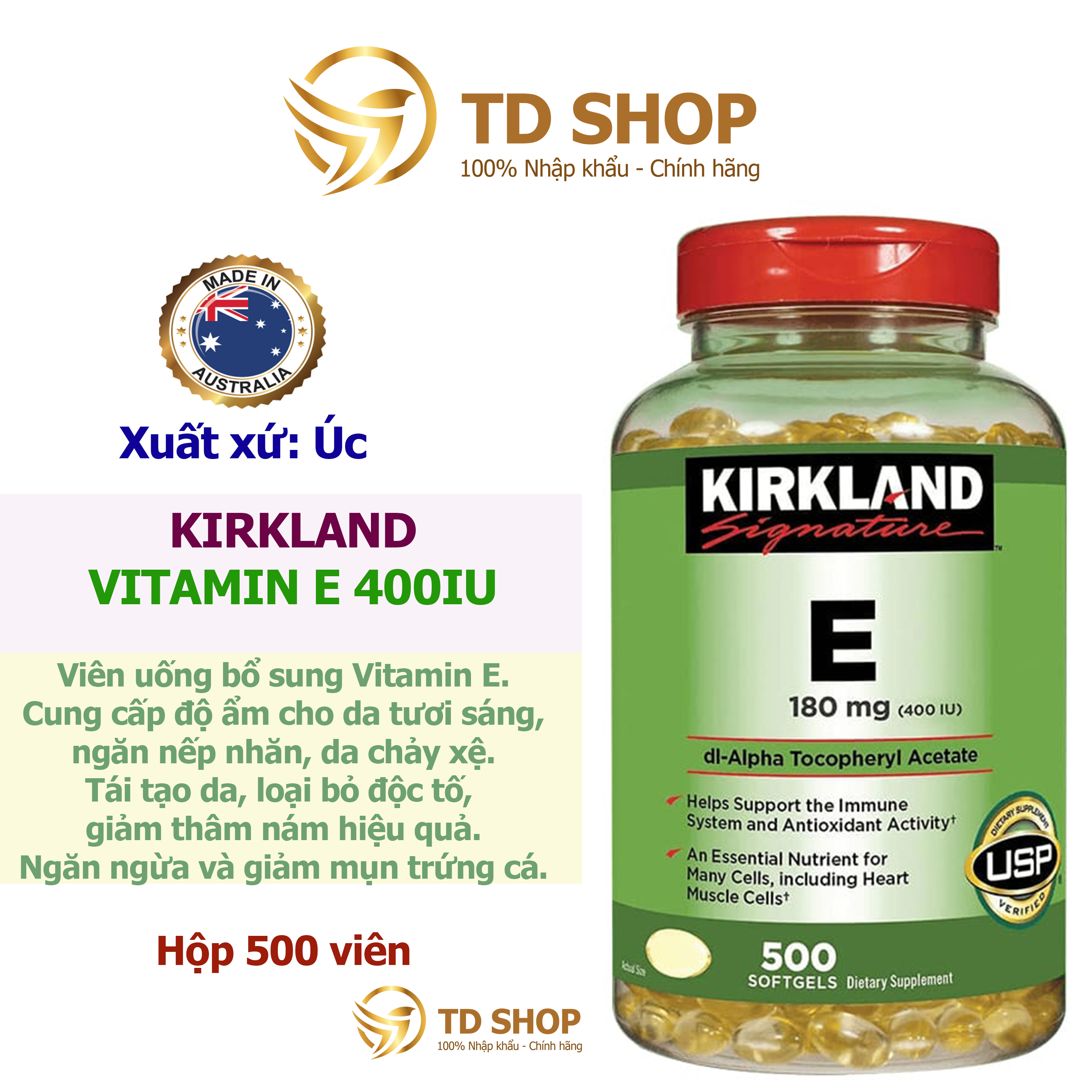 [NK Mỹ] Viên uống bổ sung Vitamin E Kirkland Signature Vitamin E 400 IU 500 viên hỗ trợ làm đẹp da của Mỹ - TD Shop