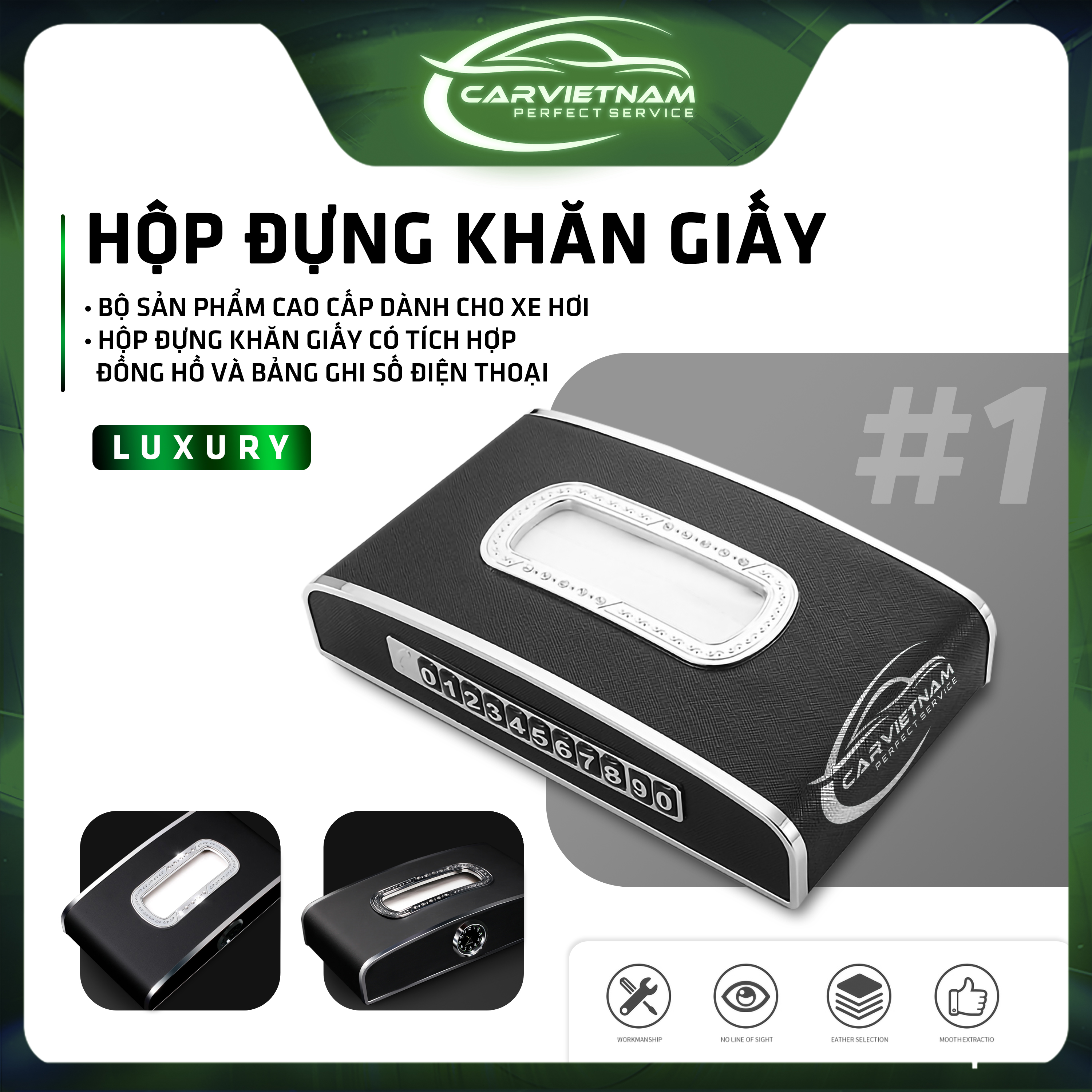 Hộp Đựng Khăn Giấy Trên Xe Ô Tô (Kèm Đồng Hồ + Bảng Số Điện Thoại) - Chất Liệu Cao Cấp Thiết Kế Sang Trọng - Ccar Vietnam
