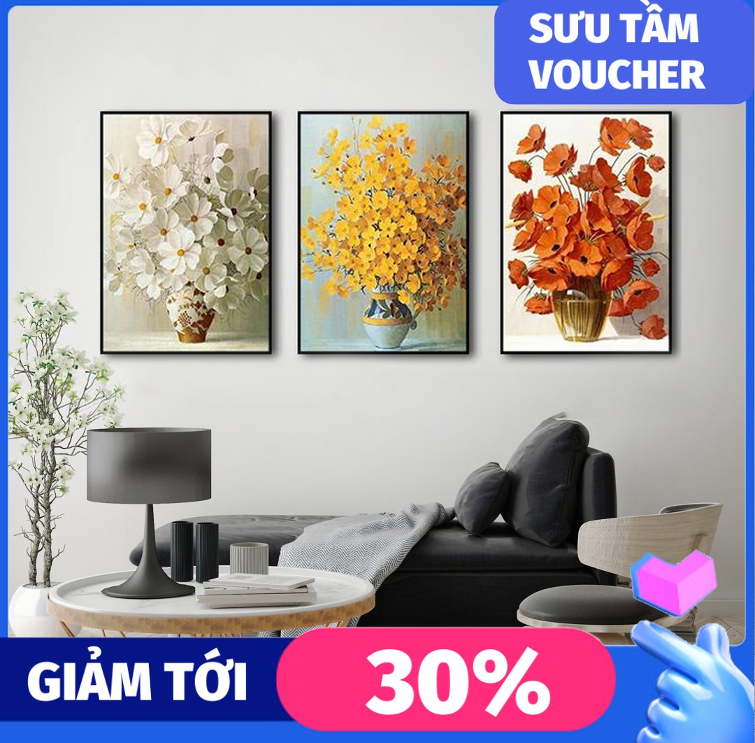 Tranh dán tường phòng khách bộ 3 bình hoa nghệ thuật - Tranh décor phòng khách, phòng ngủ phong cách hiện đại