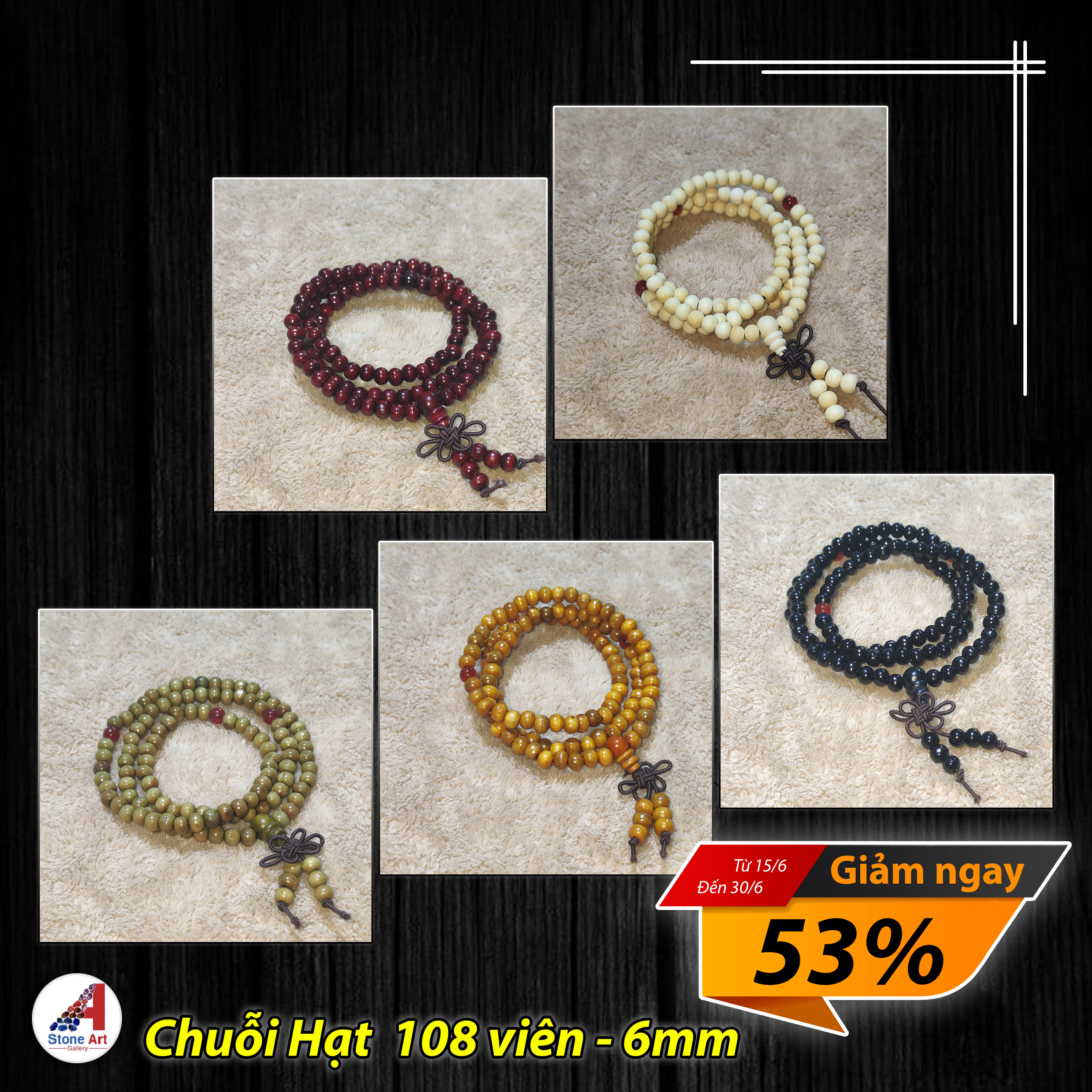 Vòng tay chuỗi hạt, chuỗi 108 hạt, chuỗi vòng đeo tay gỗ tự nhiên, hạt 6mm nhiều màu