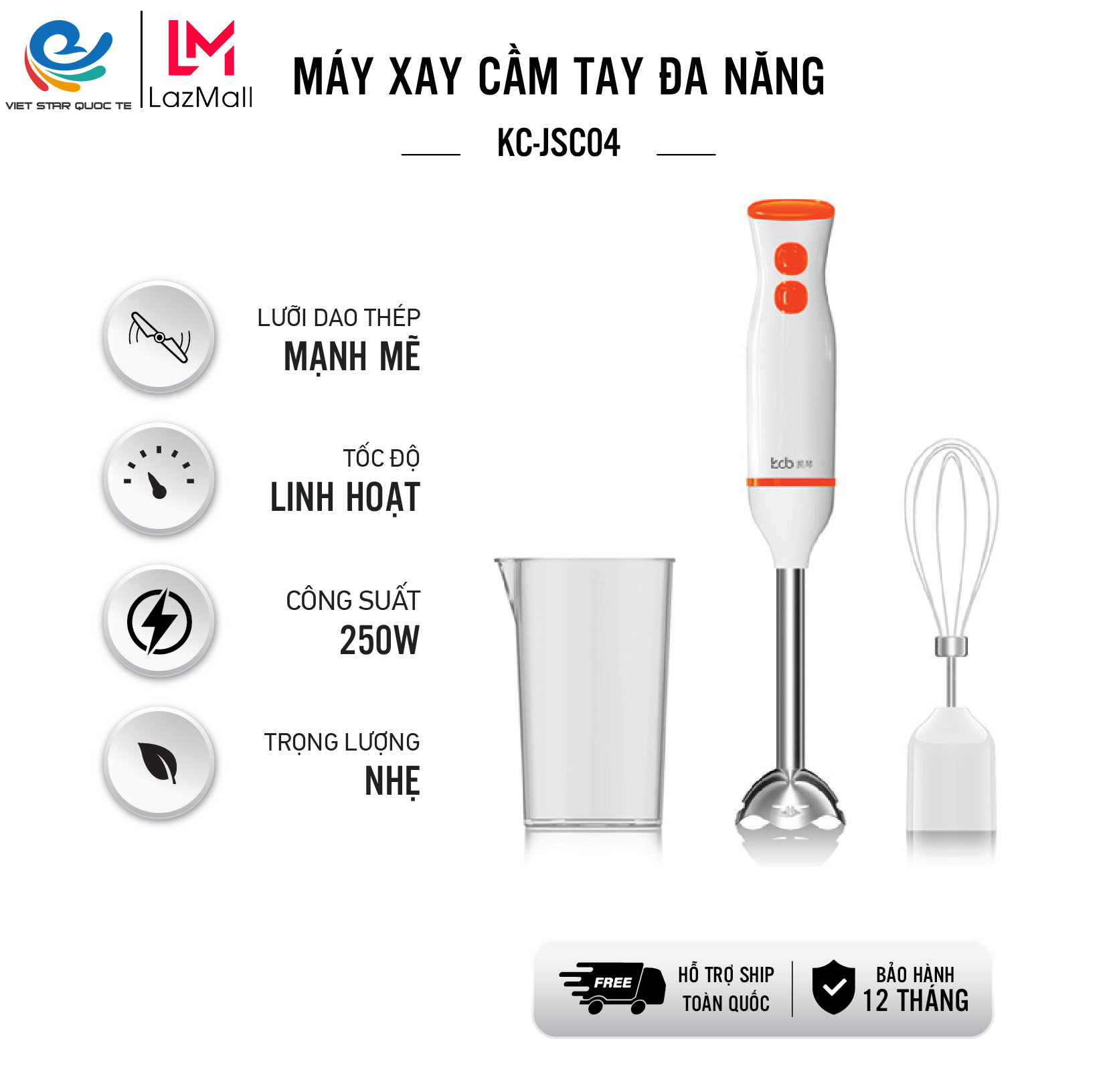 [99 điểm] Máy xay cầm tay đa năng, máy xay thực phẩm KC-SC04, công suất 250W, lưỡi dao thép, động cơ đồng, hàng chính hãng, bảo hành 12 tháng
