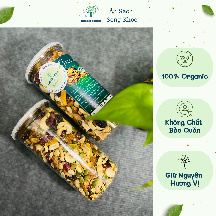 Granola siêu hạt, Granola không yến mạch, hạt mix eat clean không đường, Granola nhiều hạt Green Farm