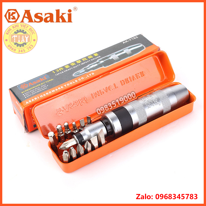 Bộ tô vít đóng tự động đảo chiều 13 chi tiết Asaki loại 1, bảo hành 12 tháng, Bộ tuốc nơ vít đóng đảo chiều, bộ tua vít đóng xoay, tua vit dong dao chieu