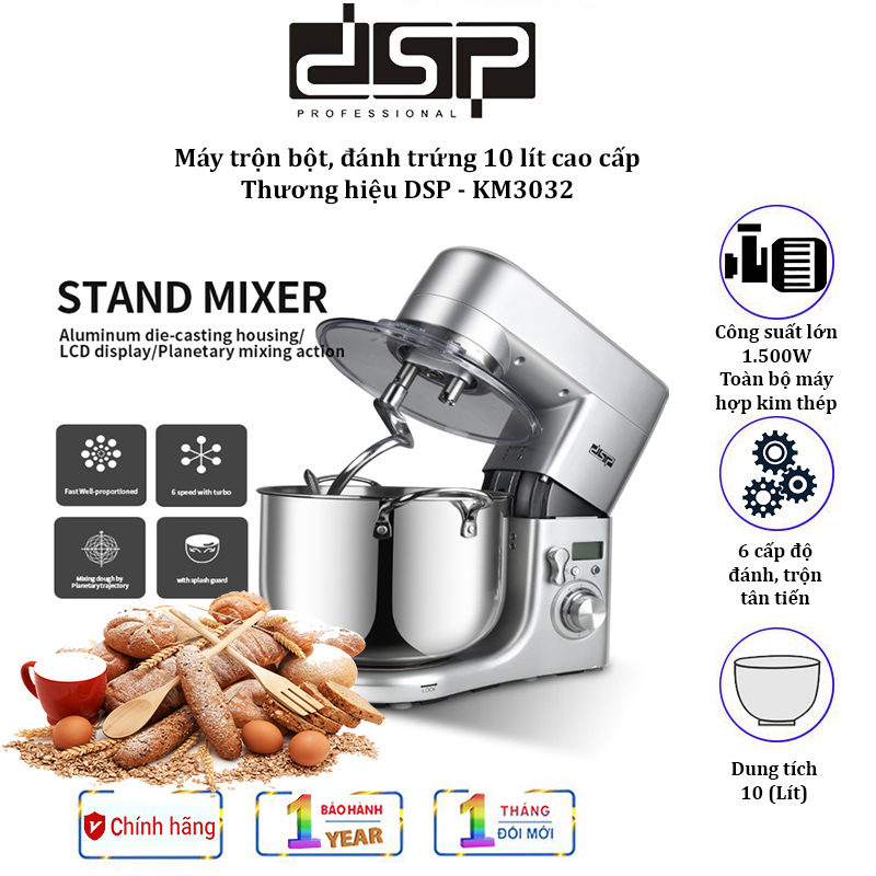 Máy trộn bột, đánh trứng cao cấp dsp km3032 công suất 1500w, dung tích 10 lít, 6 tốc độ đánh, màn hình lcd hẹn giờ thông minh, toàn bộ thân bằng kim loại - bảo hành 12 tháng