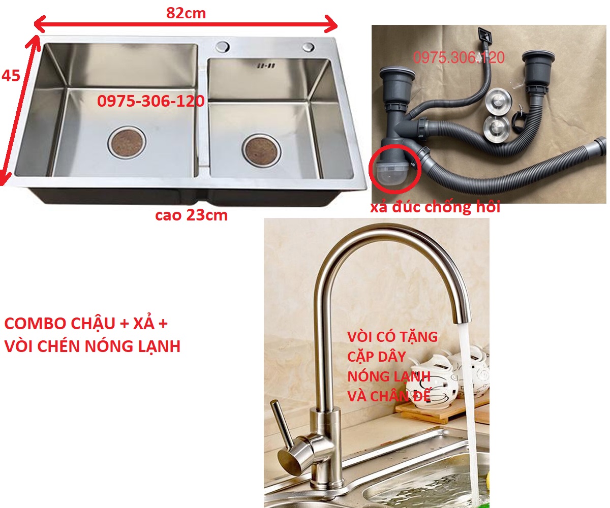 Chậu đúc combo chậu rửa chén bát inox 304 n7 8245 na.grand và xả chậu thoát nước và vòi rửa chén nóng lạnh bồn rửa chén inox