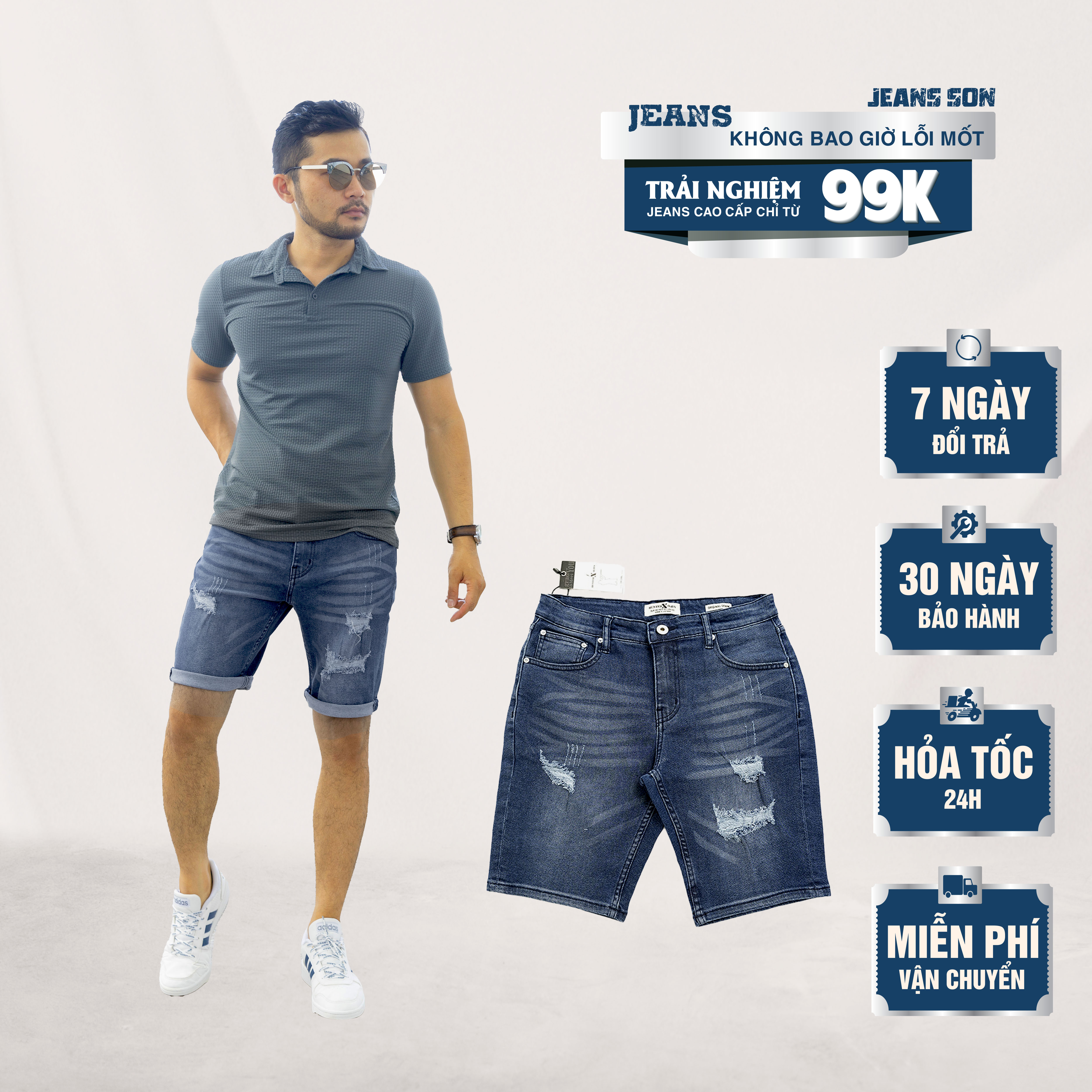 Quần jeans nam độc lạ form slimfit thun màu xanh rách Hunter X-Rays - S70