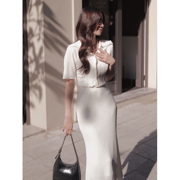 The19club - áo dệt kim cổ v ngắn tay độn vai - jessi shirt