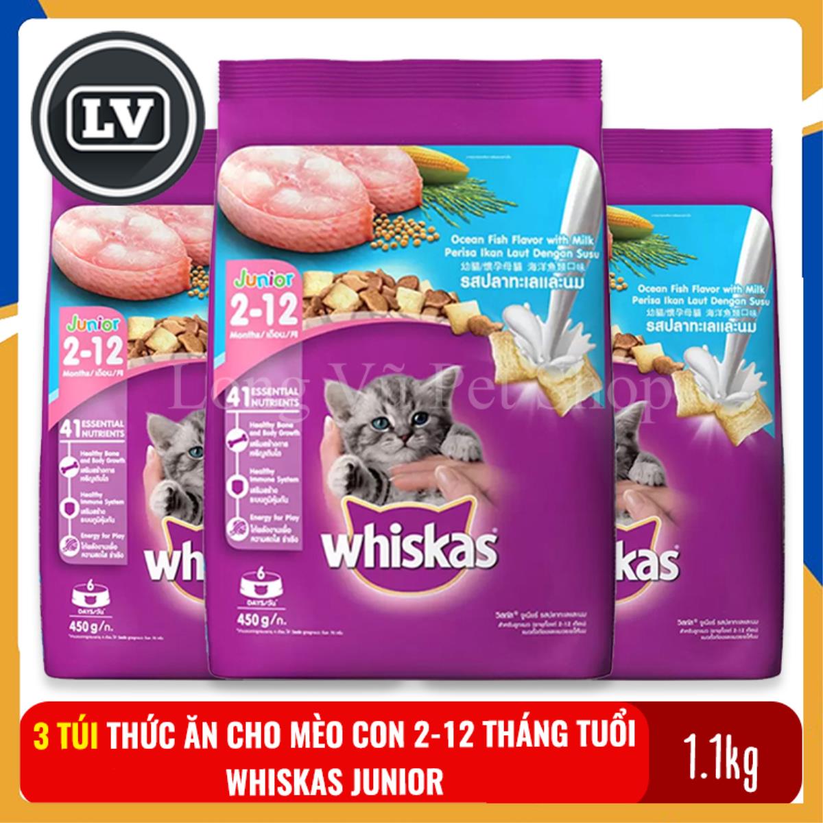 Combo 3 gói Thức ăn cho mèo con từ 2-12 tháng tuổi Whiskas Junior 1.1kg