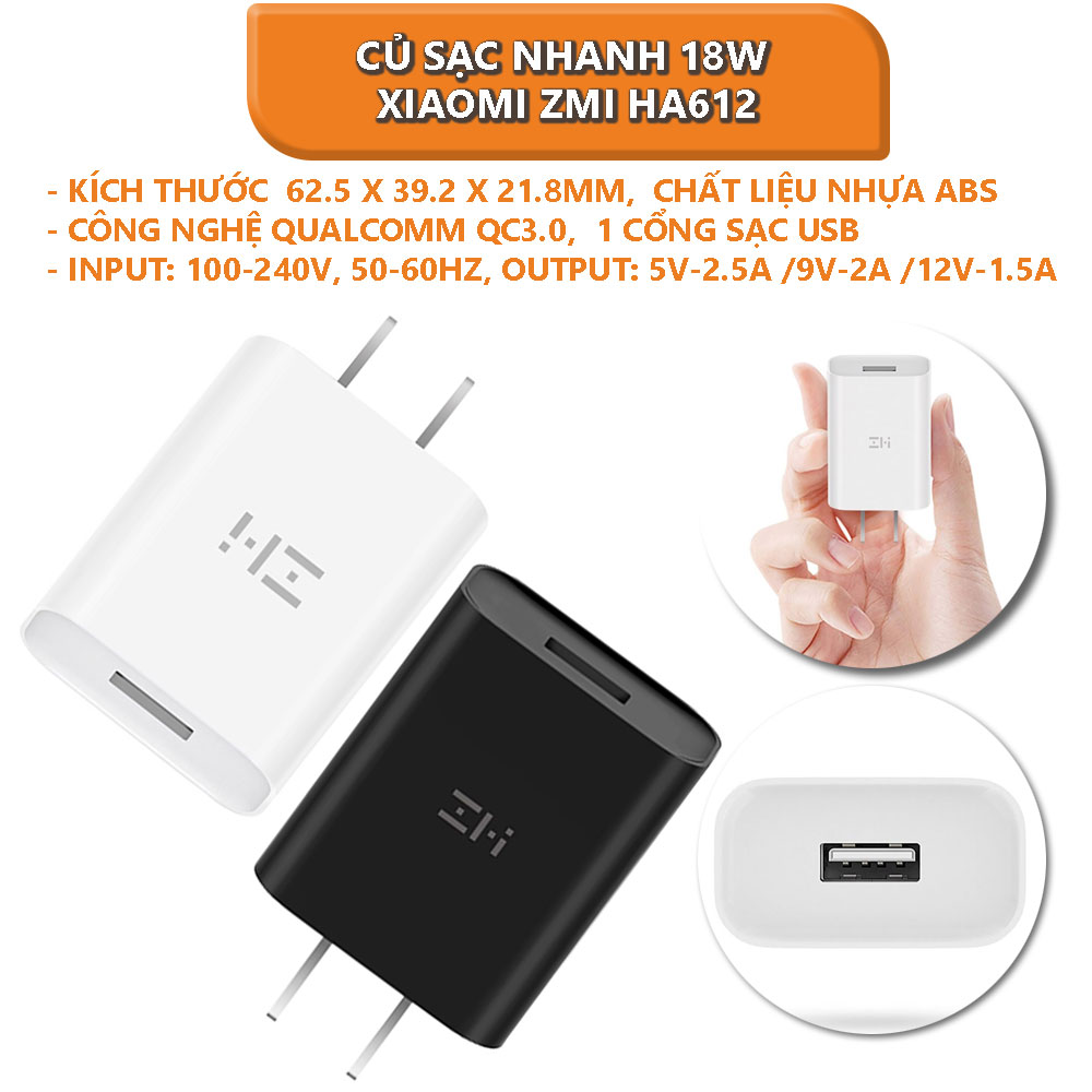 Củ sạc nhanh 18w xiaomi zmi ha612 qc3.0 màu ngẫu nhiên