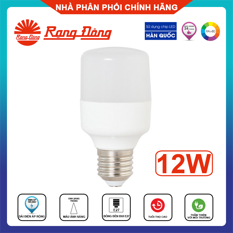 Rạng đông, bh 2 năm, bóng đèn led bulb trụ tr60n2/12w e27 6500k, hàng việt nam, chất lượng cao