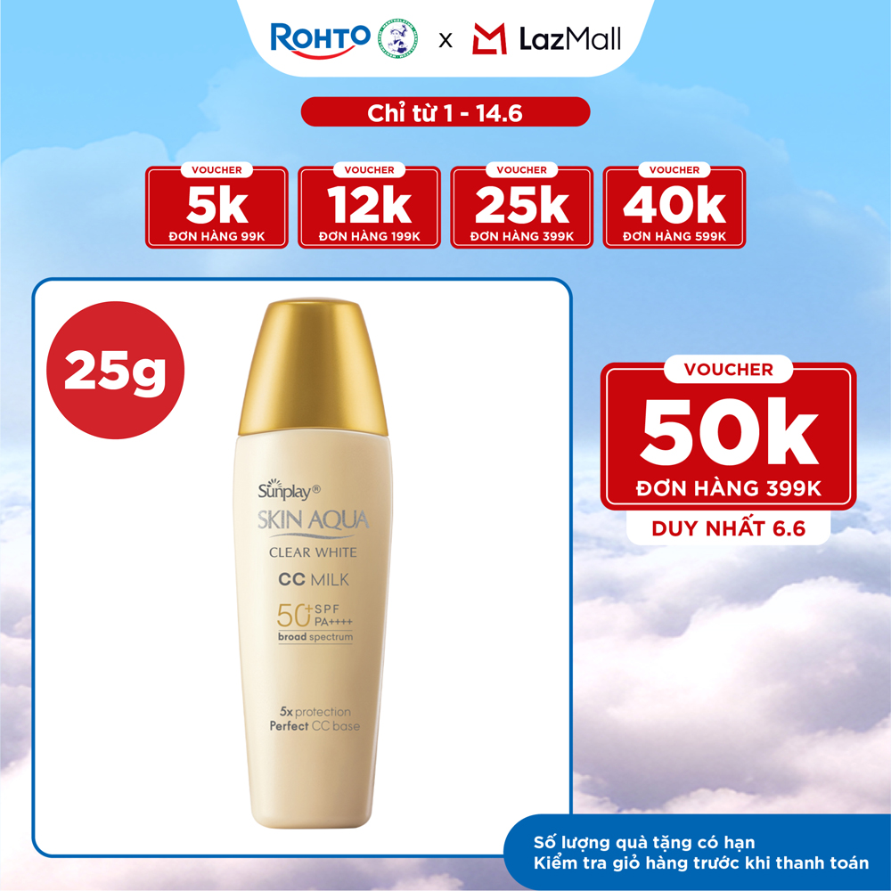 Kem chống nắng Skin Aqua trang điểm tạo nền trắng mịn  đều màu dạng sữa Sunplay Skin Clear White CC Milk SPF 50, PA++++ 25g