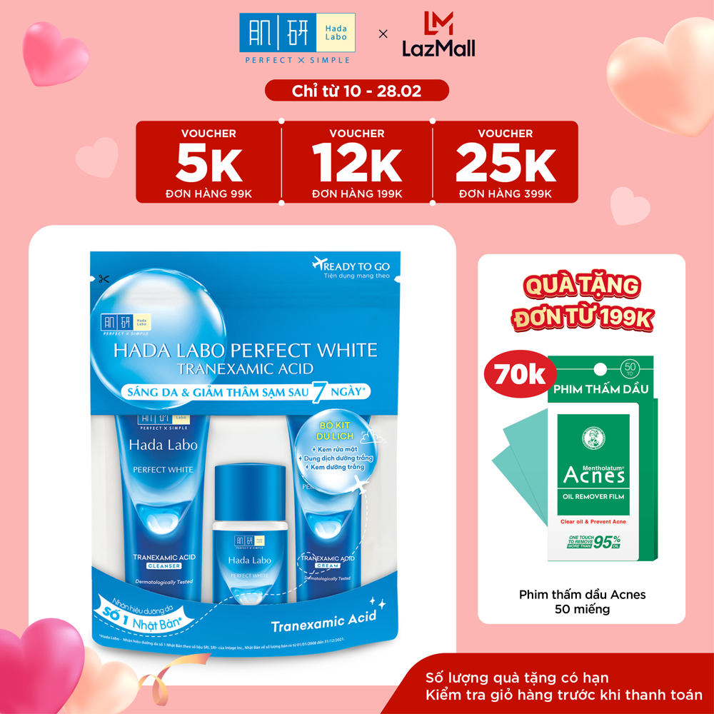 Bộ travel size dưỡng trắng Hada Labo Perfect White Tranexamic Acid Travel Set (Kem rửa mặt 15g+Dung dịch dưỡng 20ml+Kem dưỡng 12g)