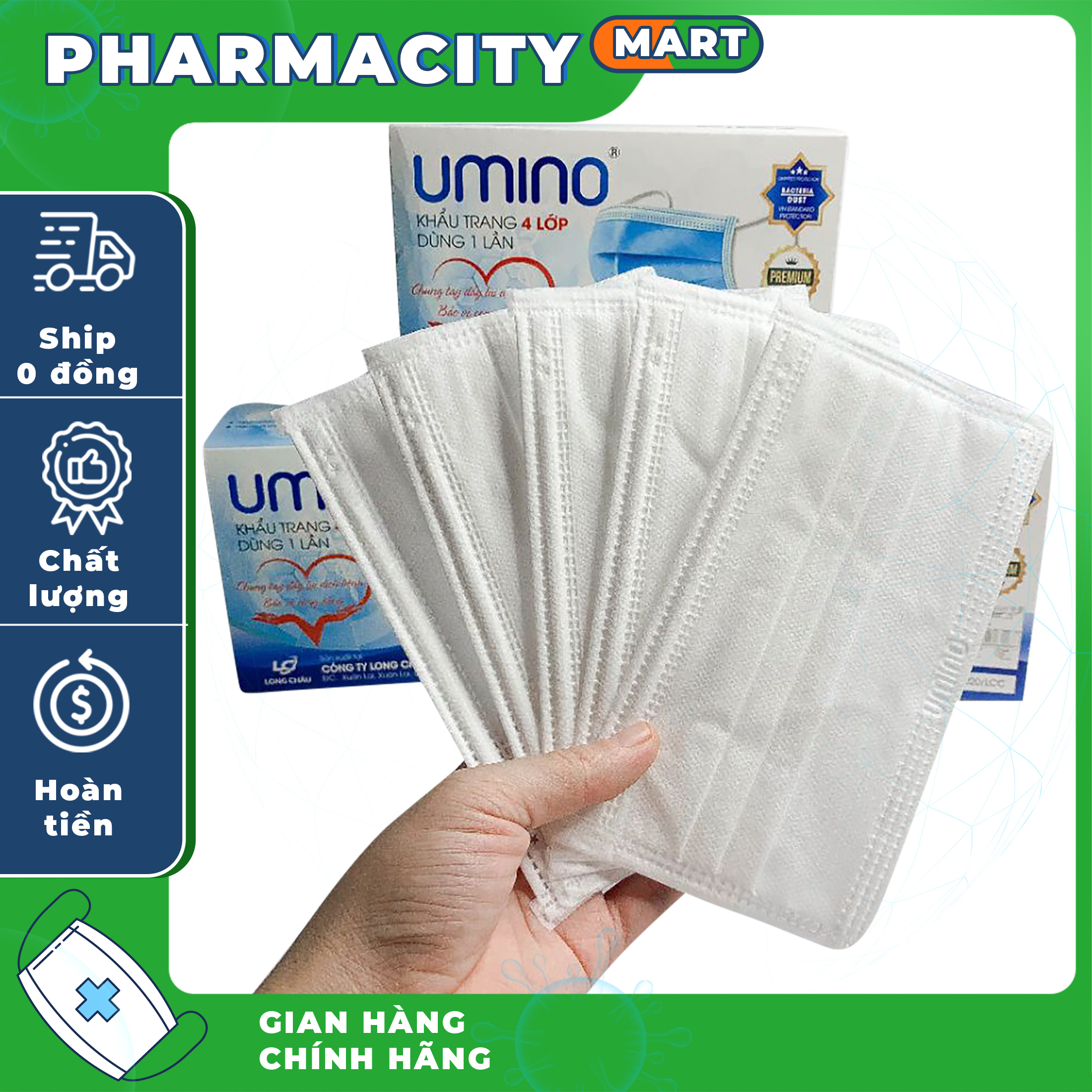 [CHÍNH HÃNG ] Khẩu Trang Y Tế UMINO 4 Lớp Có LOGO Hộp 50 Chiếc ( đóng gói 10 chiếc/ bịch )  Tác Dụng Kháng Khuẩn Lọc Khói Bụi Độc