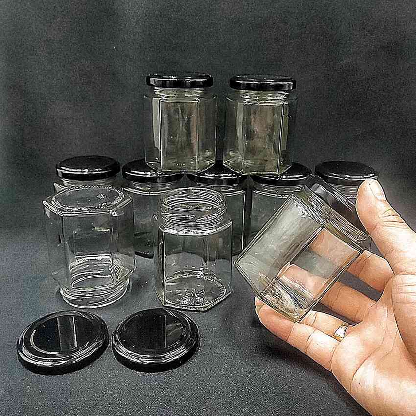 Hũ Thủy Tinh Lục Giác 180ML (combo 6 cái) nắp thiếc đen – Hủ Thủy Tinh 180ML - Lọ Thủy Tinh 180ML - Hũ Gia Vị