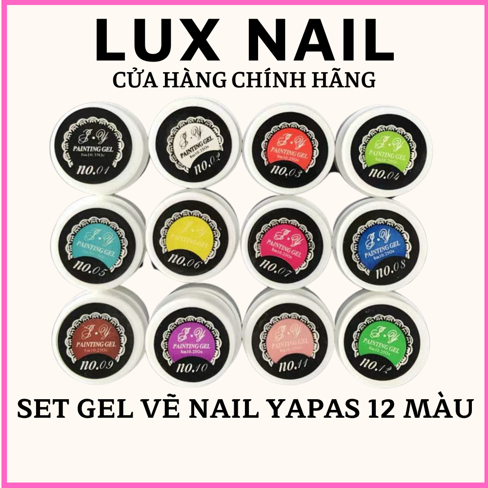 Set gel vẽ nail Yapas 12 màu cơ bản chính hãng, gel vẽ móng nổi trang trí chuyên dụng tập học nail