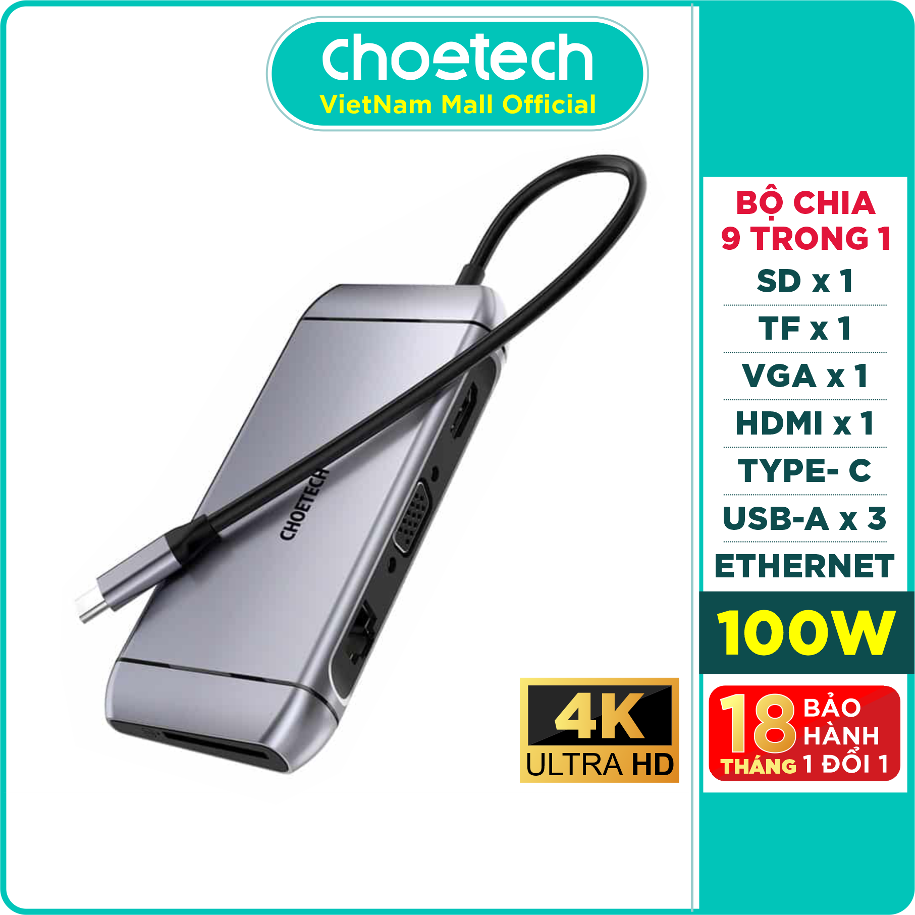 Hub chuyển đổi 9 trong 1 usb type c to hdmi 4k/ pd 100w/ usb 3.0/ rj45 ethernet/ vga/ tf/ sd choetech hub-m15 - hàng chính hãng