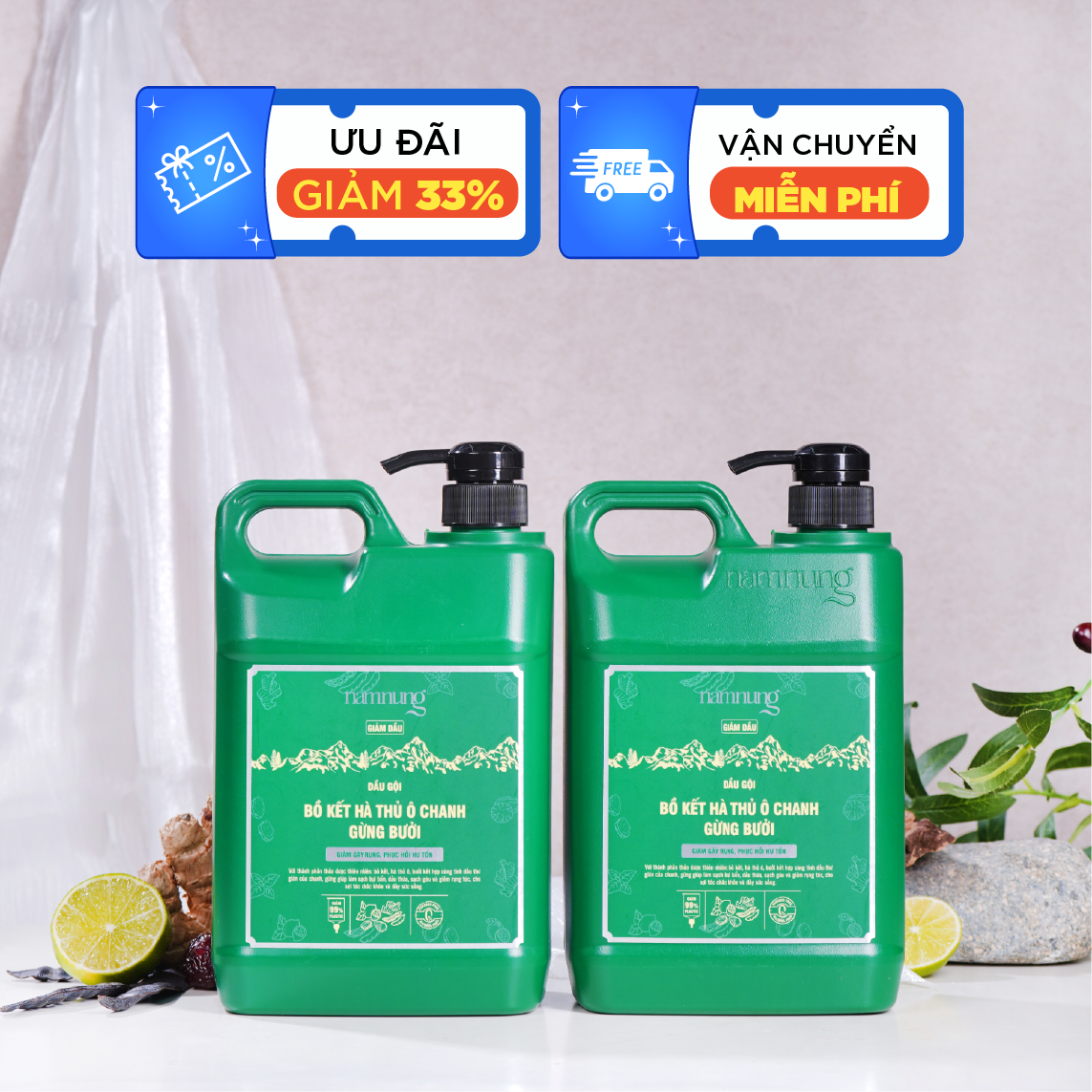 Combo 2 can dầu gội thảo dược NAMNUNG kiềm dầu, giúp tóc mềm mượt, chắc khỏe 2000ml