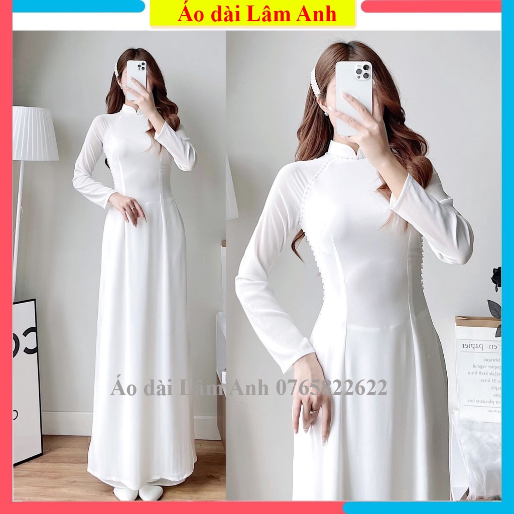 Áo dài thiết kế 4 tà đính hạt thủ công chất lụa cát chiffon màu trắng- áo dài 4 tà chất lụa chiffon