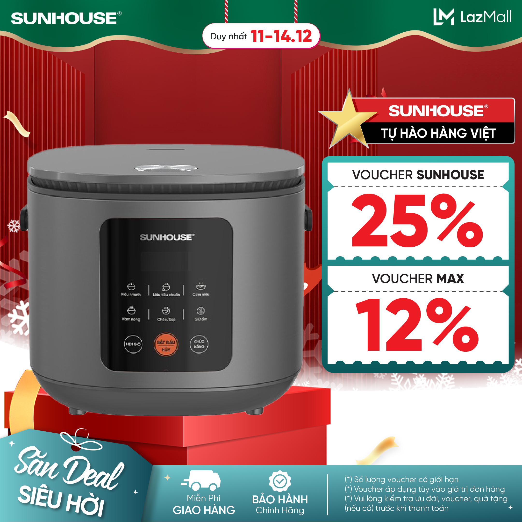 Nồi Cơm Điện Tử 1.5L Sunhouse SHD8825; Chống Dính Daikin 2 Nhật Bản 2 Lớp, 6 Chế Độ Nấu Đa Dạng