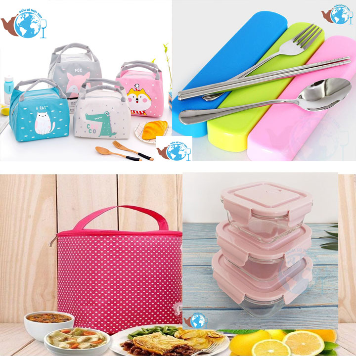 Hộp đưng cơm kèm Túi - COMBO 5 món gồm 3 hộp đựng cơm thủy tinh VUÔNG 520ml, kèm 1 hộp đựng muỗng đũa nĩa, kèm 1 túi giữ nhiệt, túi đựng cơm tiện lợi, xinh xắn