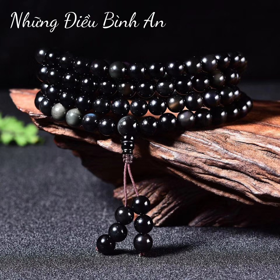 Vòng tay đá núi lửa Obsidian xanh đen chuỗi 108 hạt /Vòng tay phong thủy tài lộc