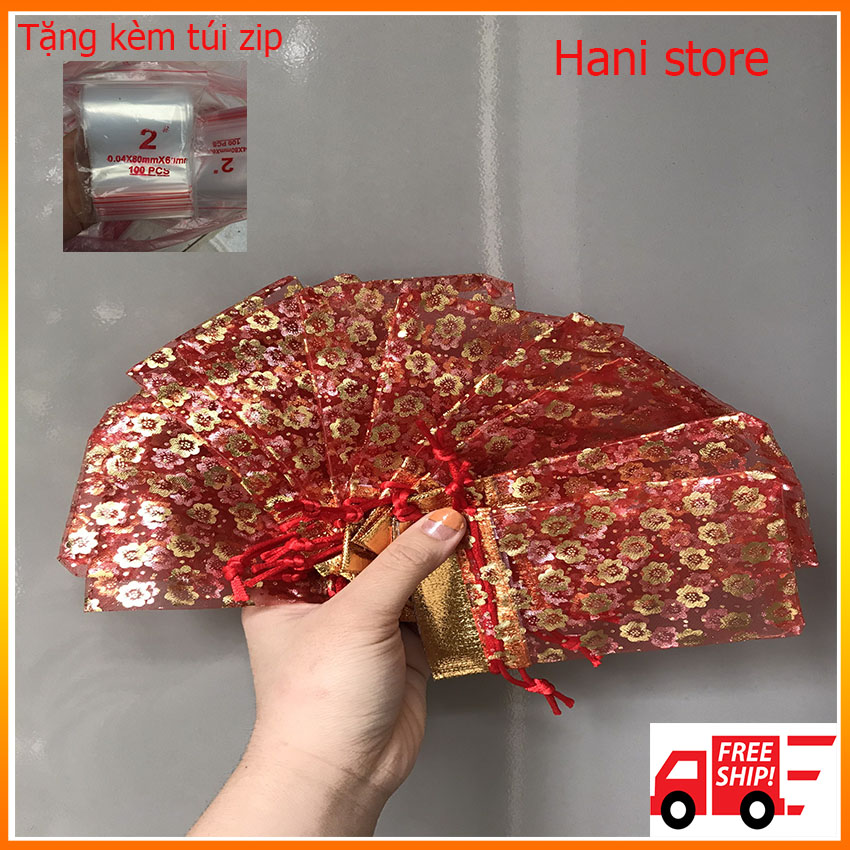SET 100 túi đựng lộc muối gạo TẶNG kèm túi zip TET1 HANI STORE nhỏ gọn, màu đỏ tài lộc
